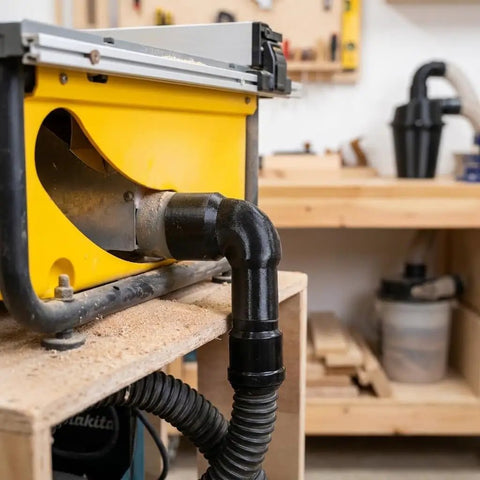 Heavy Duty DeWalt 7492 Table Saw Dust Collection Adapter With Adjustable Diameter Port and 90 Degree Elbow connected to a table saw.