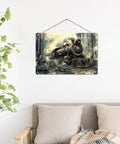 Rusty Steam Locomotive Wooden Hanging Sign Vintage Rustic Wall Plaque for Cozy Living Room Vibe, 8 by 12 Inch displayed above sofa.
