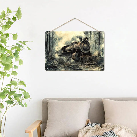 Rusty Steam Locomotive Wooden Hanging Sign Vintage Rustic Wall Plaque for Cozy Living Room Vibe, 8 by 12 Inch displayed above sofa.