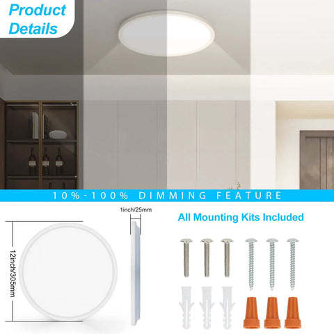 Two Pack 12 Inch LED Flush Mount Ceiling Light With Night Light, 24W 3200LM Dimmable Round Flat Panel, mounting kit included