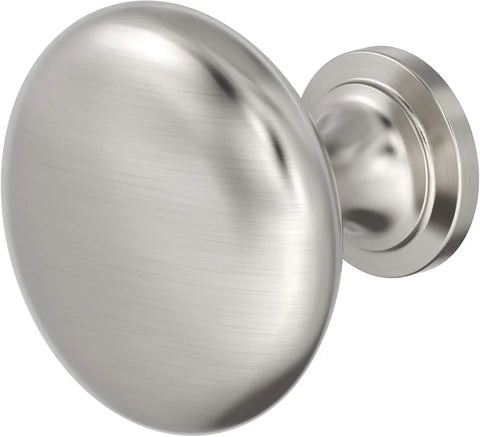 Top Notch Ten Pack Of 1.25 Inch Round Cabinet Knobs With Slick Satin Nickel Coating For Kitchen Drawers close-up round knob