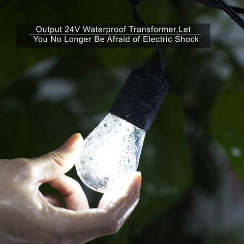 Person holding 30-Foot Cool White LED Outdoor String Lights With 10 Hanging Sockets, Waterproof Festoon Lighting With Shatterproof Bulbs