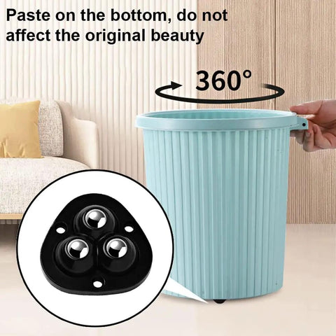 Image showing a trash can with Self Adhesive Caster Wheels For Furniture, 12 Pcs Mini Ball Castors With ABS Material, Load Capacity 20 Lbs Per Wheel.