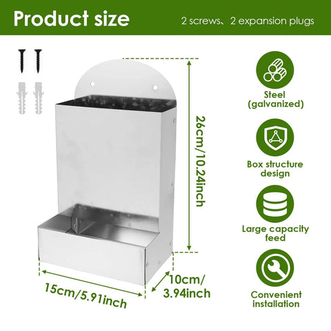 Durable Outdoor Premium Galvanized Steel Oyster Shell And Chicken Grit Feeder Featuring Roomy Hopper Auto Gravity Dispenser Solid As A Rock Hassle Free Essential dimensions, screws, and installation tips.