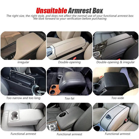 Various car armrest box designs demonstrating unsuitable and functional types for Center Console Cover With 2 Storage Bags In Premium Nappa Leather, Scratch And Wear Resistant, Waterproof Car Interior Accessory, Black Armrest Protector For Spills, Claws, Keys, And Daily Wear