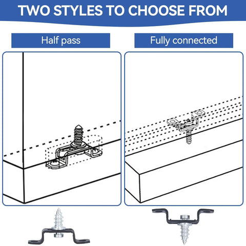 Two styles of 60 Pack Slick Furniture Connectors And Concealed Slide Buckles for Cabinet Hardware shown in diagrams.