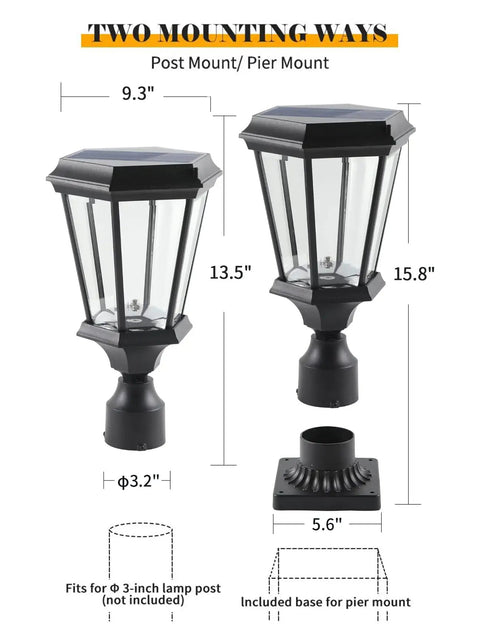 Diagram showing Solar Post Light With Dusk To Dawn Sensor No Fuss Install Aluminum Pillar Lantern with dimensions and mount types