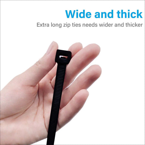 Hand holding Beefy Heavy Duty Outdoor Zip Ties 48 Inch Long 175 Pound Tensile Strength 12 Pack Premium Black PA66 Nylon Weatherproof Cable Tie.