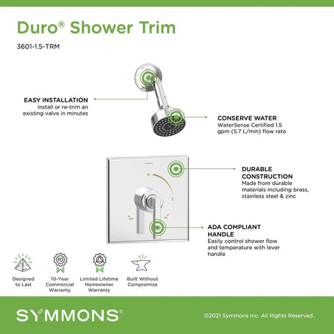 Diagram of polished chrome shower trim kit with single handle and one spray shower head, 1.5 GPM flow, includes shower arm.