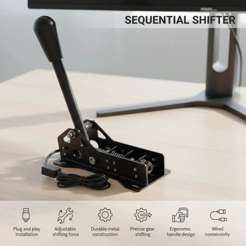 Advanced Racing Sequential Shifter Gearshift with high precision Hall sensor on desk showing ergonomic design and USB cable.