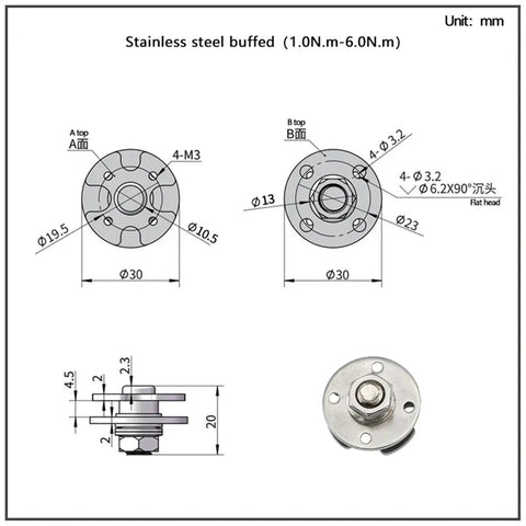 Stainless steel buffed adjustable hinge dimensions for 4.5mm Robot Arm with torque specifications for precise alignment.
