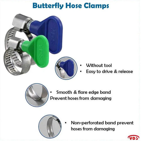 Image showing Butterfly Stainless Steel W2 Hose Clamps Pack Of 10 Adjustable Three Quarters Of An Inch To One And A Quarter Inch Range 9 mm Bandwidth with smooth edge and non-perforated band.