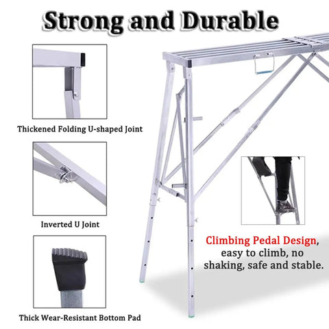 Foldable Scaffold Platform With Adjustable Height And Length, Heavy Duty Work Tower For Home Repair, detailed joints and pedal design.