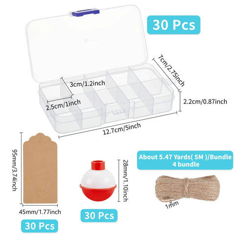 30 Piece Fishing Candy Boxes Set With Red And White Bobbers, Kraft Paper Tags, And 20M Jute Twine for party favors