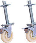 Set Of Two Tough As Nails Swivel Scaffold Wheels With 15 Cm Threaded Stem Industrial Casters Featuring Tight Dual Brake Lock and rivet base.
