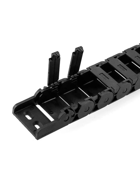 Close-up of semi enclosed cable drag chain for CNC machines and tools, 1 meter length, inner size 15mm by 30mm, R28 38 bending radius