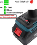 Heavy Duty Cordless Electric Rivet Nut Gun Featuring Automatic Pull Action showing battery control panel with power and mode indicators.