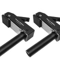 Two Pack Three Quarter Inch Aluminum Alloy Bench Dog Clamps For Woodworking With No Sweat One Hand Quick Release Lever and Rock Solid Hold Down Grip For Hassle Free Benchtop Workholding, showing clamps close-up with textured grips.