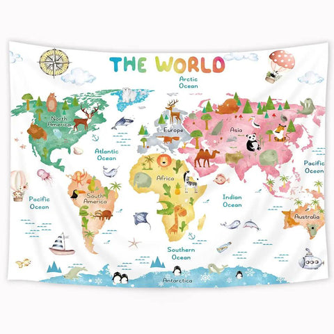 Kids World Map Tapestry 59Wx51Inch Colorful Continents With Wildlife Cartoon Educational Wall Hanging featuring cute animals and continents.