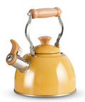 Yellow 1.6 Quart Tea Kettle With Cool Touch Wooden Handle Food Grade Stainless Steel Stovetop Teapot Whistling Kettle For Easy Pour Ergonomic Grip Safe Heat Resistant Kitchen Accessory