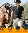 Woman wearing 1.5 Inch Elastic Equestrian Belt With Bit Buckle And Leather Key Strap For Horse Riding Enthusiasts walking horse