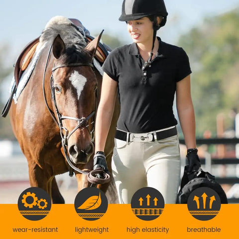 Woman wearing 1.5 Inch Elastic Equestrian Belt With Bit Buckle And Leather Key Strap For Horse Riding Enthusiasts walking horse