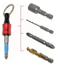 Six Piece Color Coded Screwdriver Bit Holder Set With Keychain Adapter and various bits on display