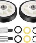 Heavy Duty Drum Rollers With Shafts Replacement Pack For Maytag And Whirlpool Clothes Dryers parts including rollers, shafts, and washers.