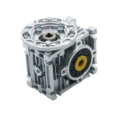 Heavy Duty Aluminum NMRV030 Worm Gear Reducer For Nema23 Motors showing top view with 14mm output and 5mm keyway for DIY projects.