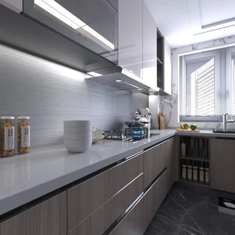 Kitchen with Stainless Steel Look Peel And Stick Countertop Wrap 24x197 Diy Friendly Waterproof Oilproof Heat Resistant Metallic Wallpaper.
