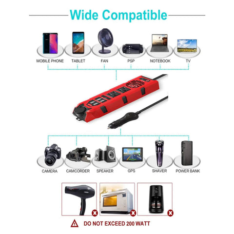 Plug And Play 200W Car Power Inverter Dc 12V To 110V Ac Converter with dual outlets and USB ports for various devices compatibility.