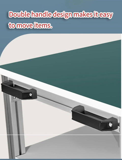 Close-up of double handle design on Heavy Duty Aluminum ESD Mobile Work Cart With Anti Static Rolling Bench and Locking Wheels for Electronics Assembly.