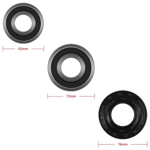 Heavy Duty Front Load Washer Tub Bearings And Seal Replacement Kit in various sizes, 62mm, 72mm, and 76mm for LG and Kenmore machines.