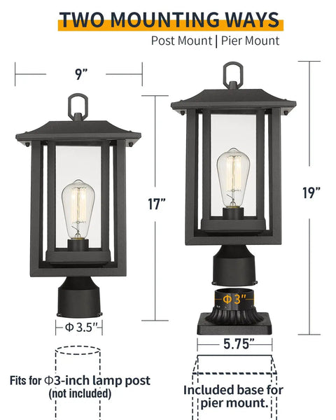 Big Outdoor Post Light in Black Cast Aluminum With Clear Glass, Large Pier Mount Lantern With Base, 19 by 9 Inches, two mounting ways