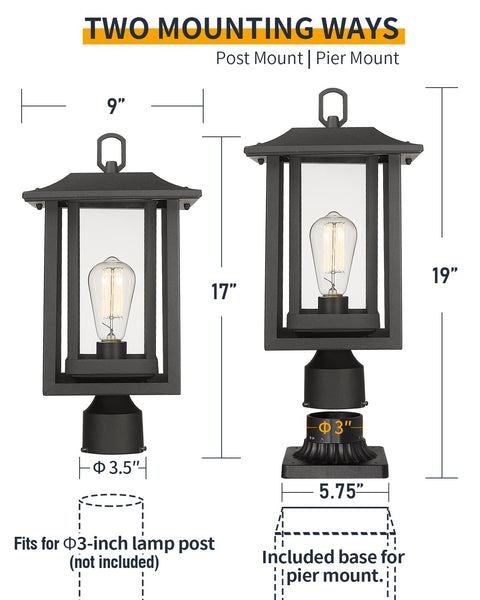 Outdoor Post Light Fixture Two Pack Large Not Solar 110 To 120V AC Black Cast Aluminum With Clear Glass, post and pier mount