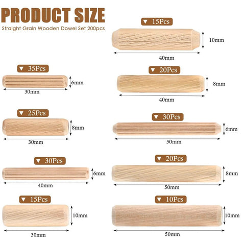 Wooden Dowel Pins Set, 200 Pcs, Nine Sizes With Tapered Beveled Ends and Fluted Grooves, assorted dowel sizes chart