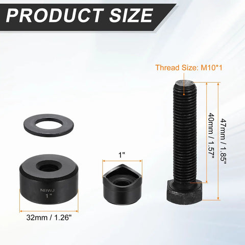 Heavy Duty Bearing Steel Sheet Metal Hole Punch Set With Hex Head Screw For Clean Circle Cuts On Thin Panels Straight Up Badass Precision Every Single Time, showing product components with sizes.