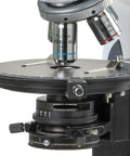 Trinocular Compound Microscope With EWF 10X Eyepieces, Plan Polarization PLPOLRI 5X 10X 20X S50X IOS Objectives, 160mm Round Stage, Rotatable 60 Degree Polarizer Slider With Analyzer, Pro Grade Optics For Real Lab Work, close-up of stage and objective lens