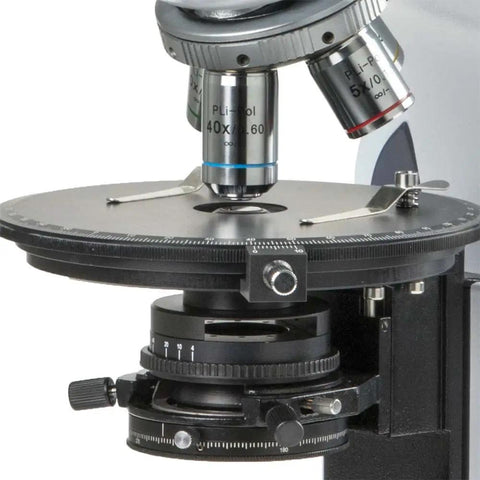 Trinocular Compound Microscope With EWF 10X Eyepieces, Plan Polarization PLPOLRI 5X 10X 20X S50X IOS Objectives, 160mm Round Stage, Rotatable 60 Degree Polarizer Slider With Analyzer, Pro Grade Optics For Real Lab Work, close-up of stage and objective lens