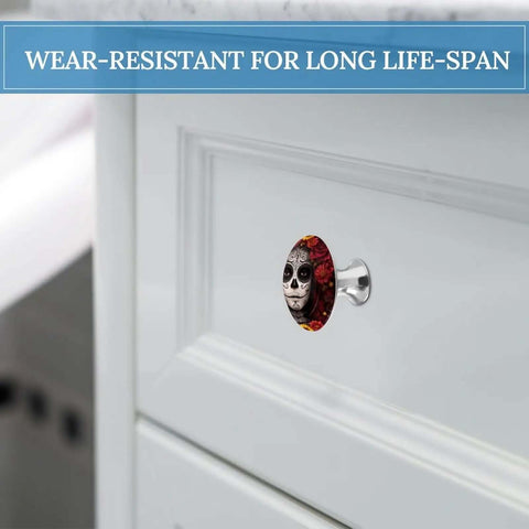 Two Piece Day Of The Dead Sugar Skull Floral Drawer Pulls With Screws Easy Install Cabinet Knobs shown on white drawer