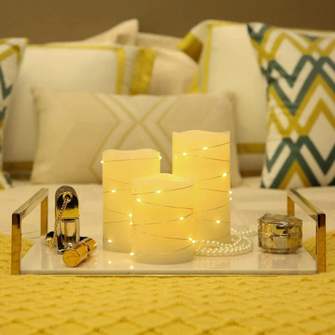 Flameless Wax Pillar Candles Set Of 3 Ivory With Embedded String Lights LED Battery Powered And 5 Hour Cycling Timer In 3 4 5 6 Inch Sizes