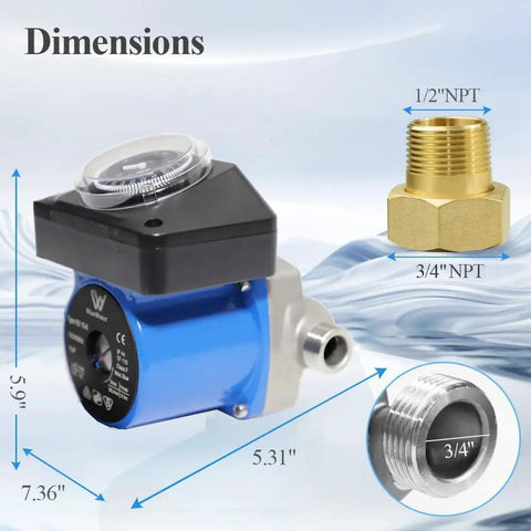 Heavy Duty 115V Hot Water Recirculating Pump With Built In Timer And Whisper Quiet Operation 10 GPM Circulator dimensions diagram.