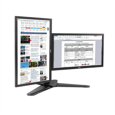 Heavy Hitter Dual Monitor Stand Free Standing Desk Mount For Two Screens Up To Thirty Inches with two Acer monitors displaying documents.