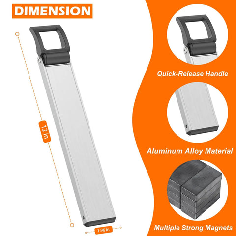 Double Sided Heavy Duty Magnetic Tool Holder 12 Inch shown with dimensions and quick-release handle, aluminum material