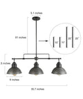 Industrial Pendant Light For Kitchen Island And Dining Room Black Chandelier In Brushed Antique Dark Metal Finish with measurements.