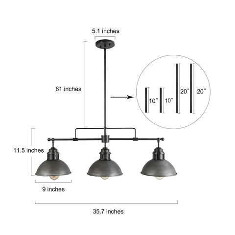 Industrial Pendant Light For Kitchen Island And Dining Room Black Chandelier In Brushed Antique Dark Metal Finish with measurements.