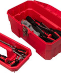 Heavy Duty 14-Inch Plastic Toolbox With Removable Tray, Steel Latch And Padlock Eye, Portable Tool Box For Tools, Crafts, First Aid And Hobby Gear, Made In USA, Red, showing tools inside the tray and box.