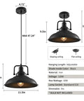 Dimensions and specifications of Black Pendant Light Set Of 3, 12.5 Inch Industrial Farmhouse Pendant Lighting with adjustable hanging length.