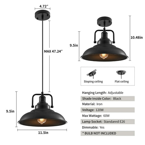 Dimensions and specifications of Black Pendant Light Set Of 3, 12.5 Inch Industrial Farmhouse Pendant Lighting with adjustable hanging length.