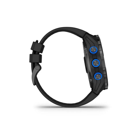Side view of Descent Mk2i Watch Style Dive Computer With Air Integration For Scuba And Multisport Training, titanium case, black band.